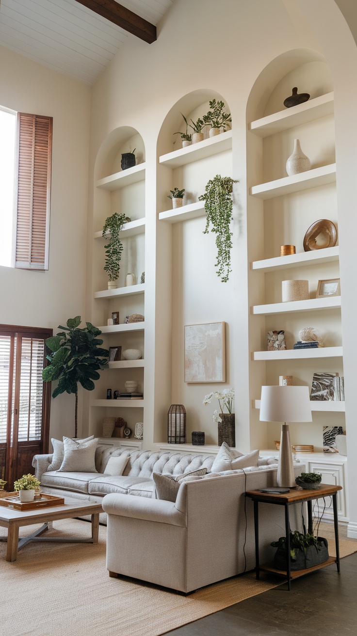 A living room with elegant open concept built-in shelving displaying plants and decorative items.