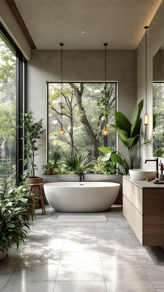 A modern bathroom with large windows, plants, and a freestanding tub, showcasing an outdoor-inspired design.