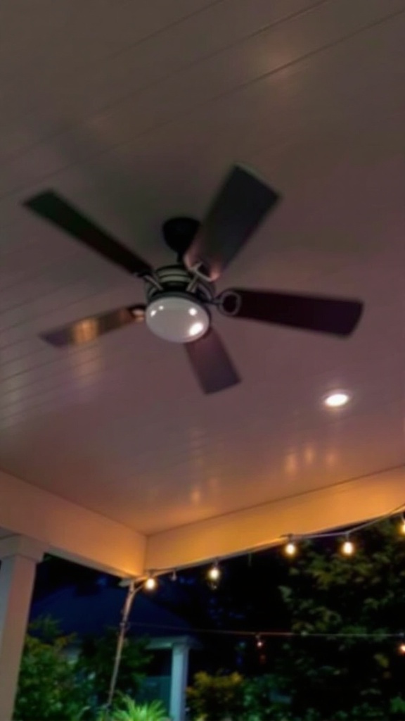 An outdoor ceiling fan with integrated lighting installed on a porch.