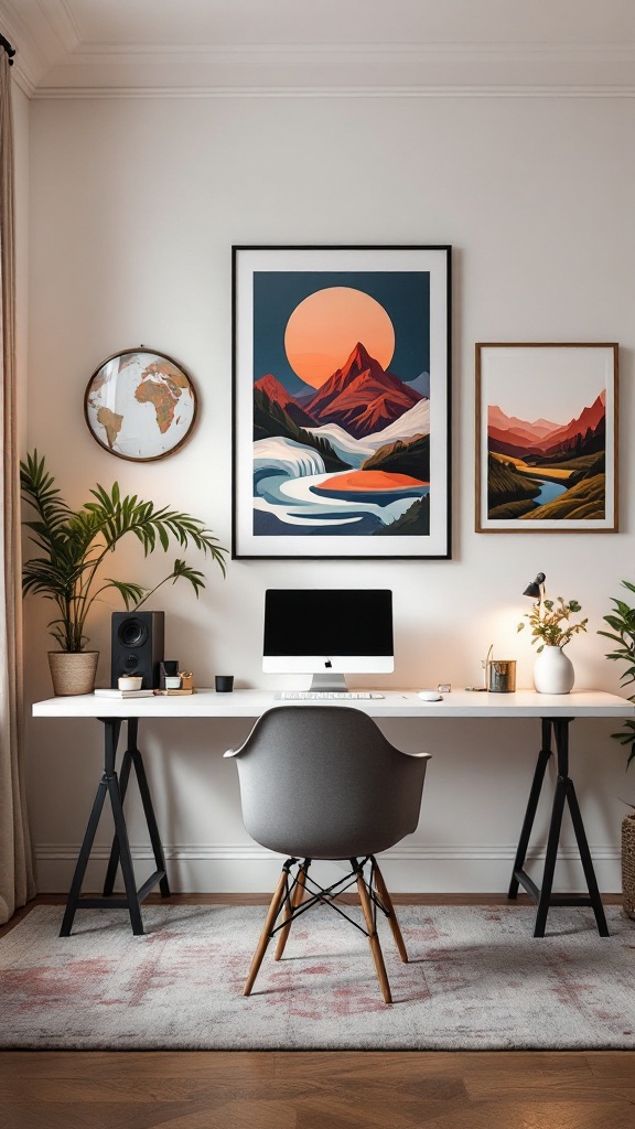 A stylish home office featuring a gallery wall with framed family photos, a wooden desk, and a comfortable chair.