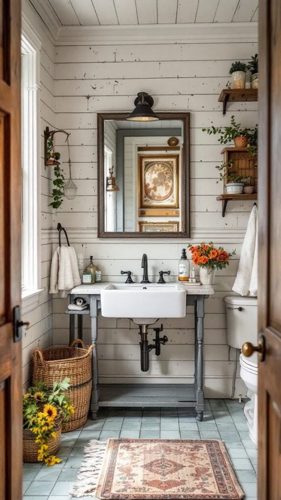 A rustic farmhouse style bathroom with a wooden sink, mirror, and flowers.