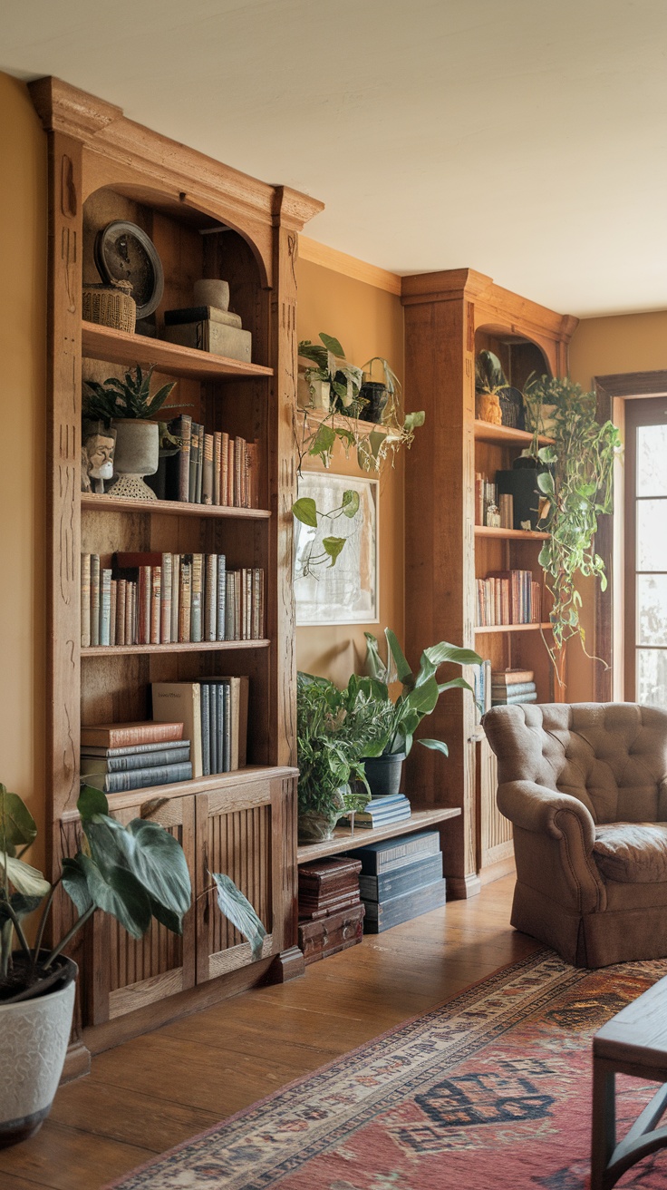 Rustic wood shelves in a cozy living room with plants and books.