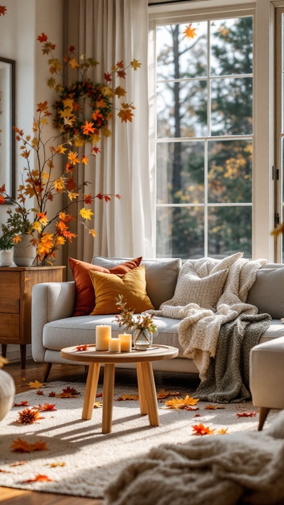 A cozy living room decorated with autumn leaves, warm blankets, and soft pillows.