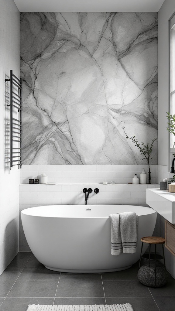 A modern bathroom with a gray marbled wall and a white freestanding bathtub.