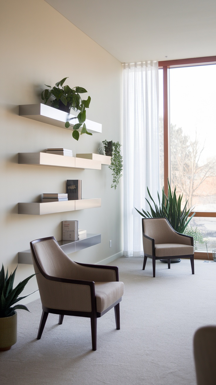 A modern living room featuring sleek floating shelves adorned with plants and books.