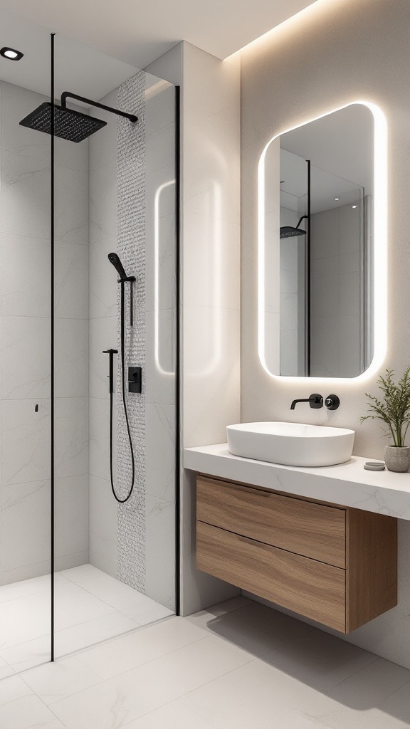 Modern bathroom with smart technology features.