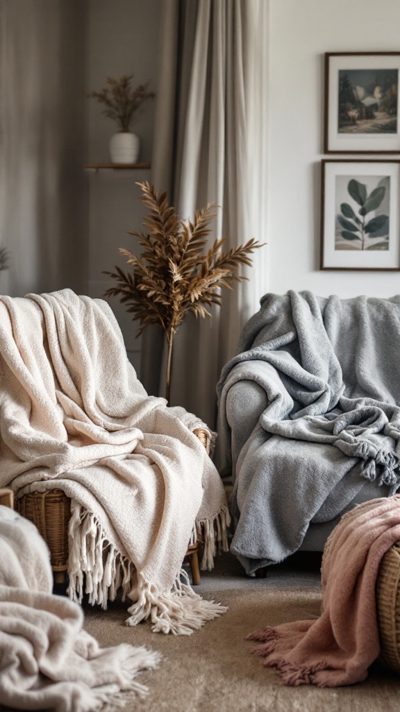 A cozy living room featuring soft throw blankets on chairs.