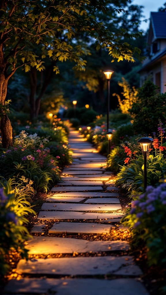 A well-lit stone pathway surrounded by flowers and solar lights in a garden at dusk.