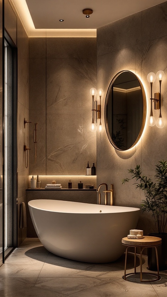 A modern bathroom with elegant lighting, featuring a freestanding tub, stylish fixtures, and a serene atmosphere.