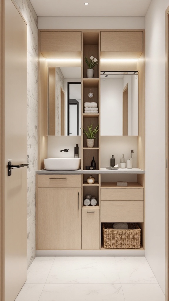 Modern bathroom with space-saving storage solutions.