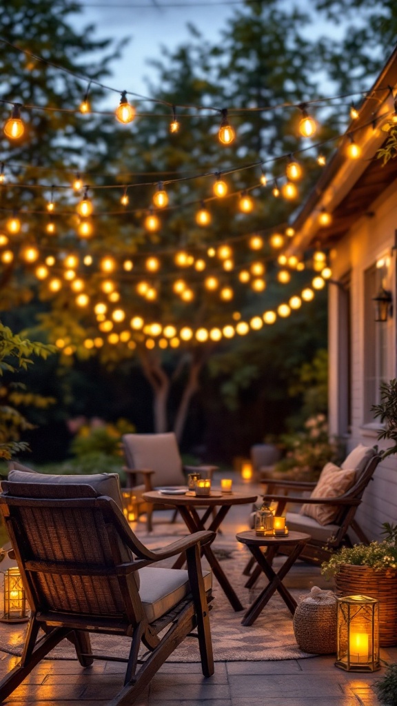 Cozy outdoor seating area with string lights illuminating the space.