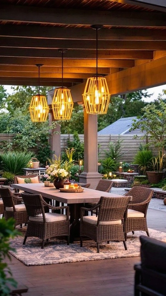 Stylish hanging pendant lights above a patio dining table surrounded by plants and furniture.