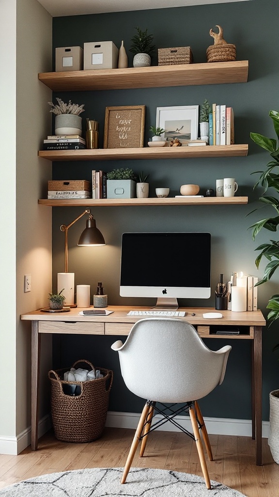 A cozy workspace featuring a wooden desk with a computer and stylish storage solutions like shelves and baskets.