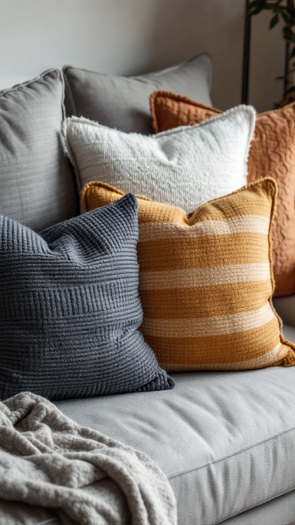 A collection of textured accent pillows in various colors and patterns on a sofa.