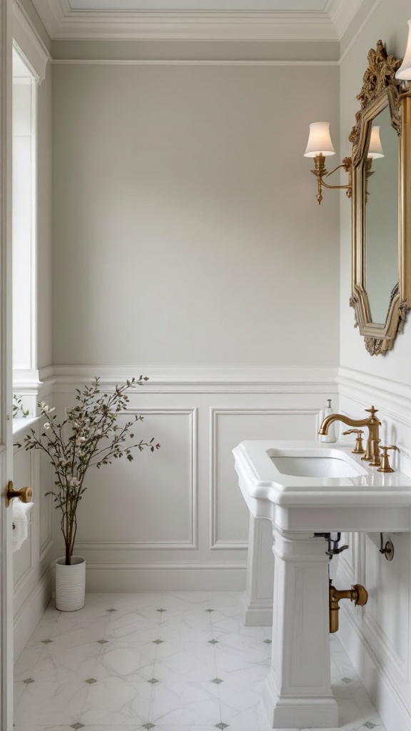 Elegant bathroom featuring white fixtures, gold accents, and a plant.