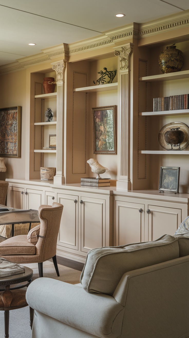 A traditional living room featuring built-in cabinets with decorative items and books.