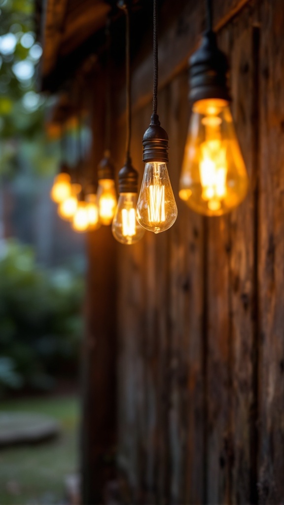 A row of vintage-style Edison bulbs hanging against a wooden background.