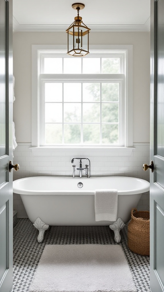 A vintage-style bathroom with a freestanding tub, modern fixtures, and a bright window.