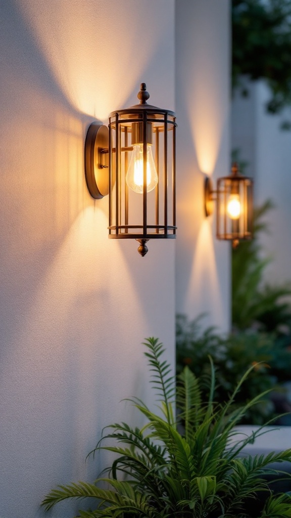 Two stylish wall-mounted sconces illuminated on a white wall, surrounded by greenery.