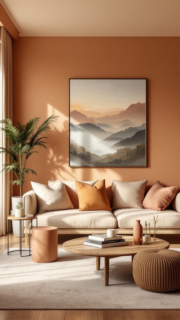 Cozy living room with warm color palette and mountain artwork