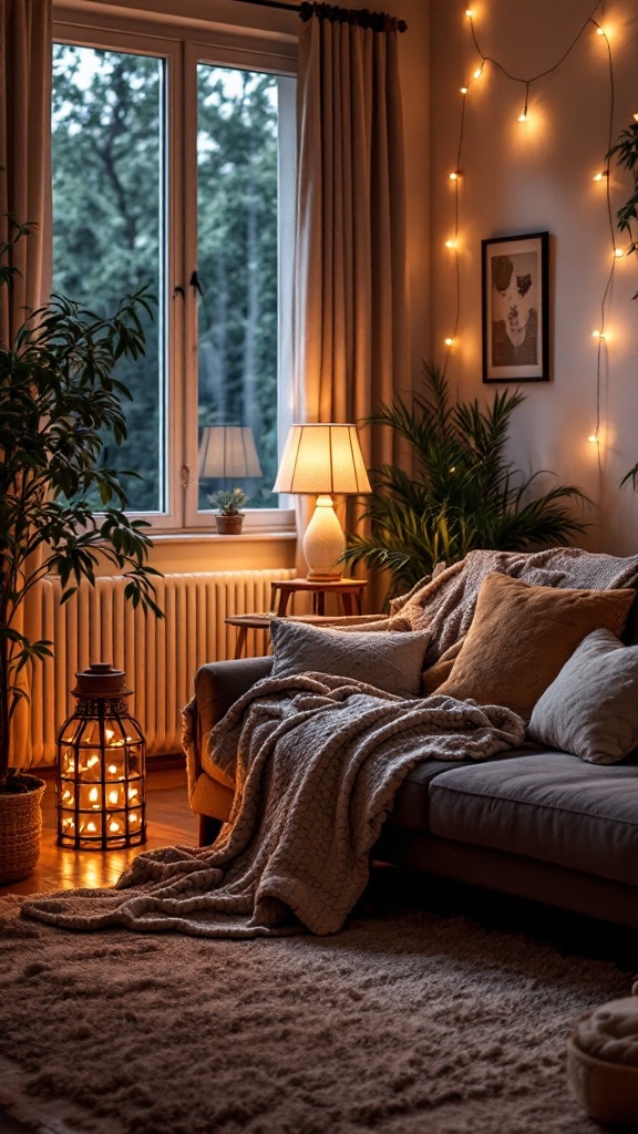 A cozy living room with soft lighting and warm textiles, featuring a sofa with blankets and pillows, a lantern, and plants.