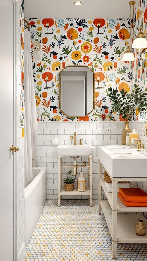 Brightly patterned bathroom with colorful walls and modern fixtures.