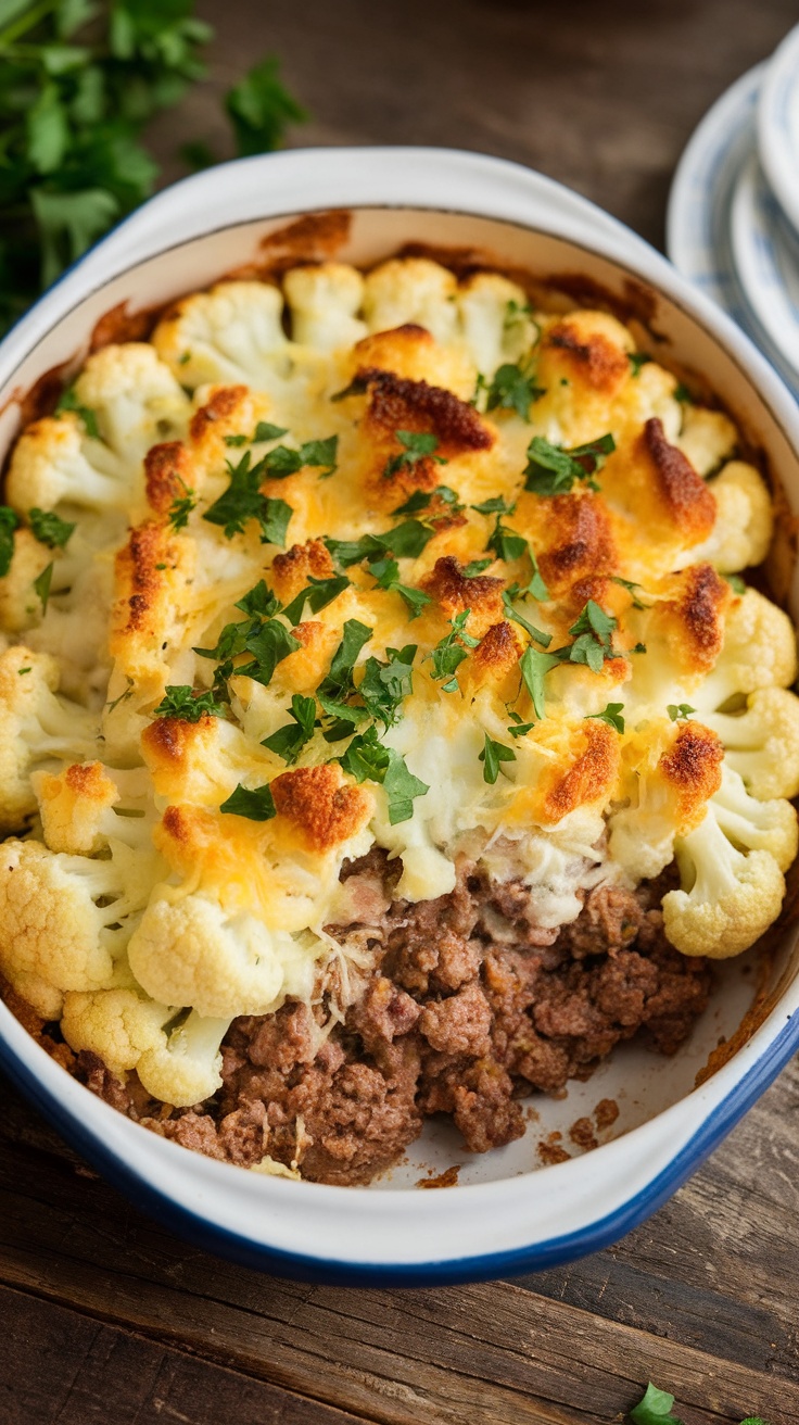 A delicious serving of Cauliflower Shepherd's Pie topped with cheese and garnished with parsley.