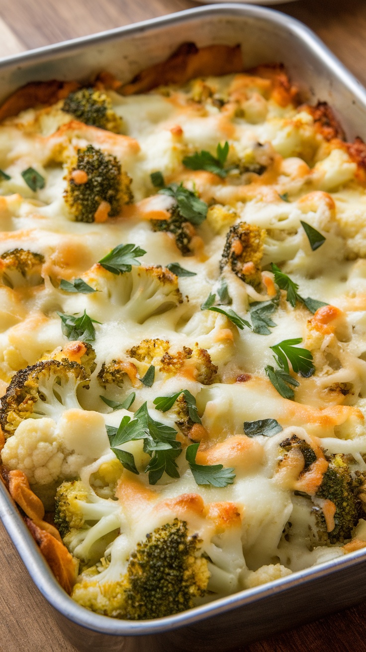 A delicious cheesy broccoli and cauliflower casserole topped with parsley.