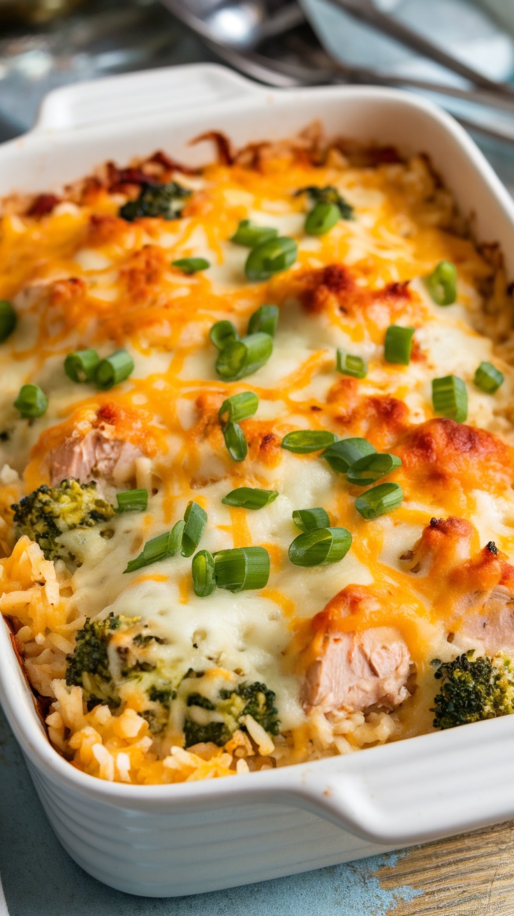 A cheesy chicken and broccoli rice bake in a white dish, garnished with green onions.