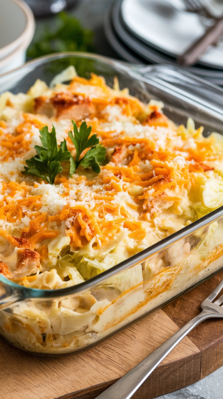 A delicious Chicken Alfredo Cabbage Casserole topped with cheese and parsley