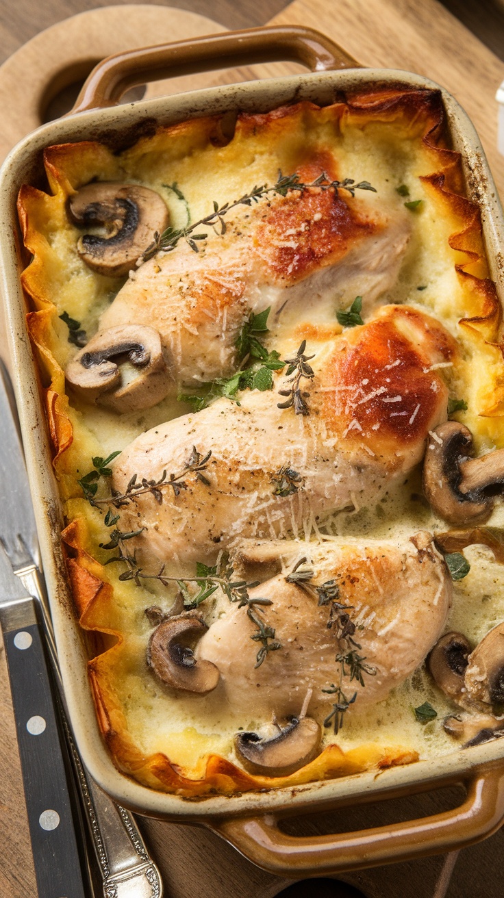 A creamy chicken and mushroom casserole in a baking dish