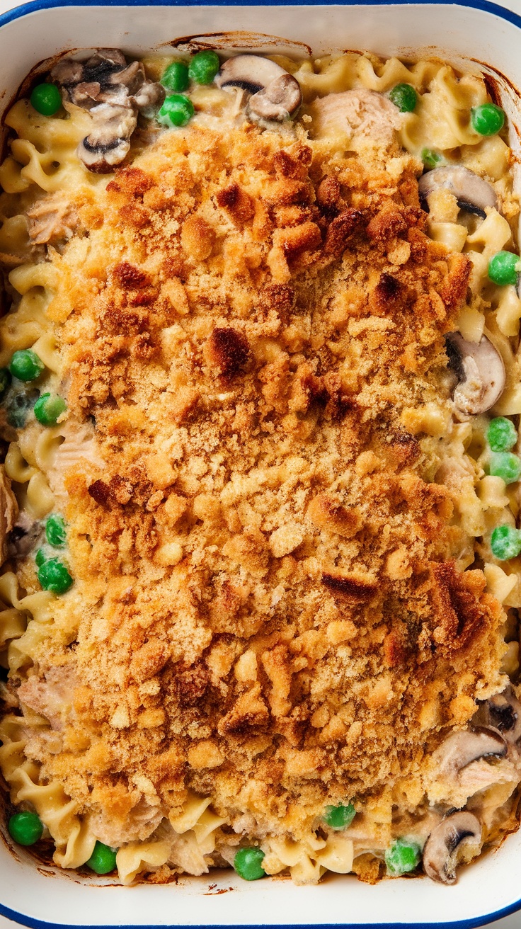 A delicious creamy tuna noodle casserole topped with crispy breadcrumbs.