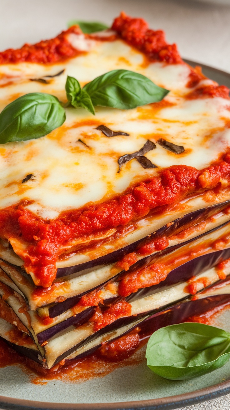 A delicious serving of eggplant lasagna with rich marinara sauce and melted cheese.