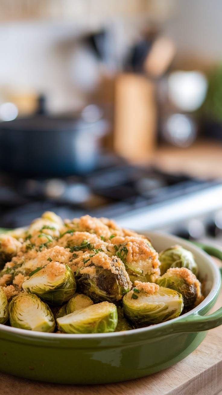 A delicious Garlic Parmesan Brussels Sprouts Bake in a green baking dish.