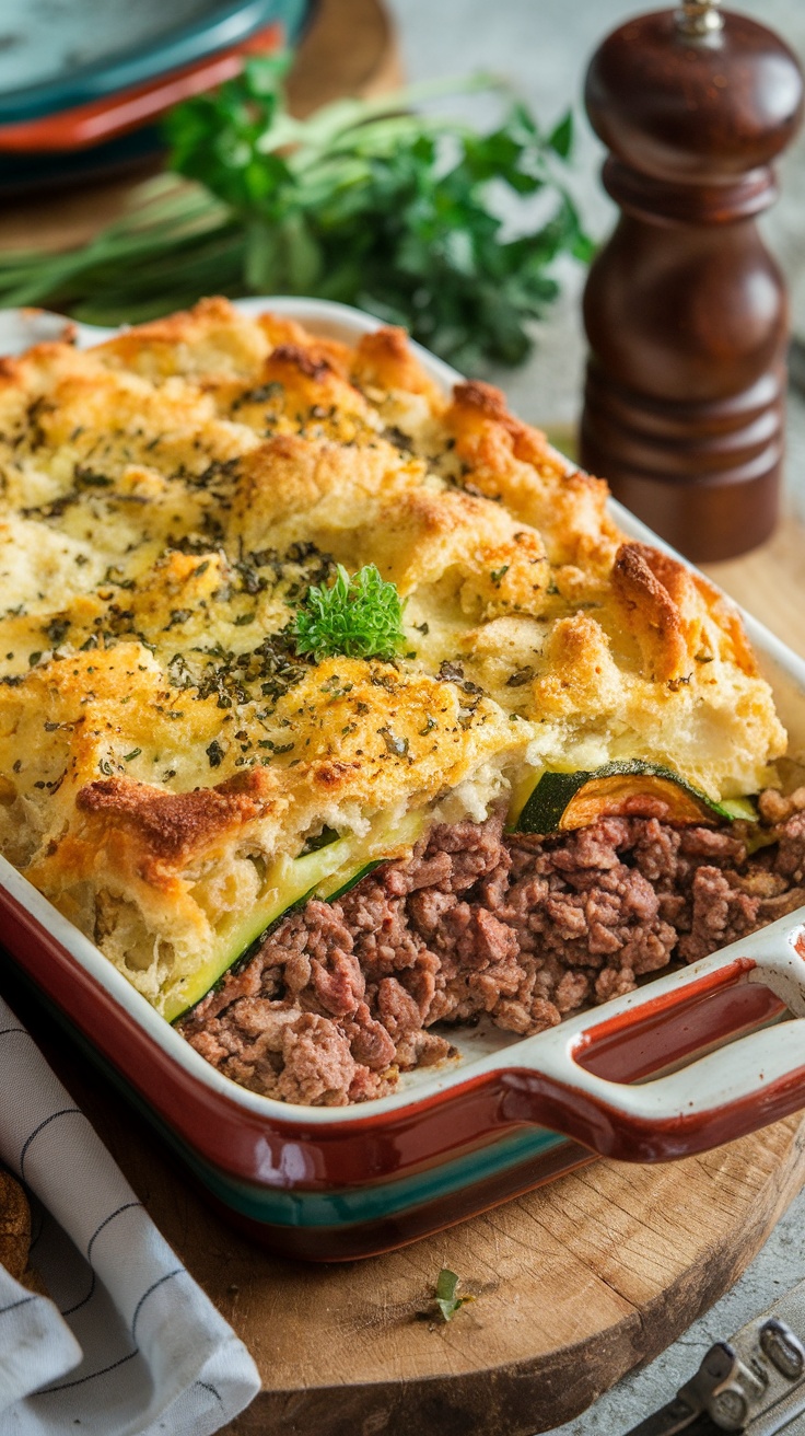 Ground Beef and Zucchini Bake casserole dish with melted cheese on top