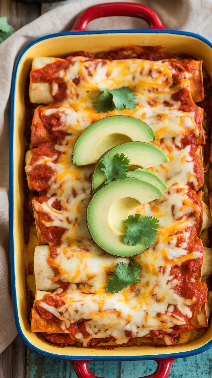 Keto Chicken Enchilada Casserole topped with avocado and cilantro