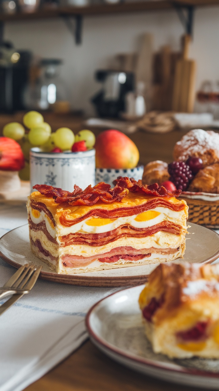 A delicious slice of keto egg and bacon breakfast casserole served on a plate with some fresh fruit.