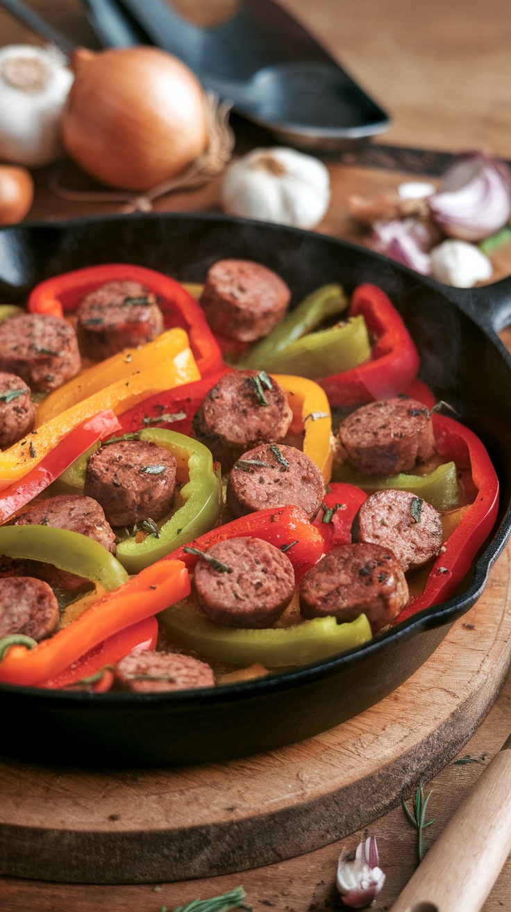 A colorful casserole of sausage and bell peppers, demonstrating a keto-friendly meal