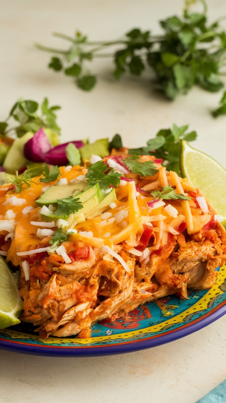 A colorful serving of Low-Carb Mexican Chicken Casserole garnished with fresh herbs and lime.