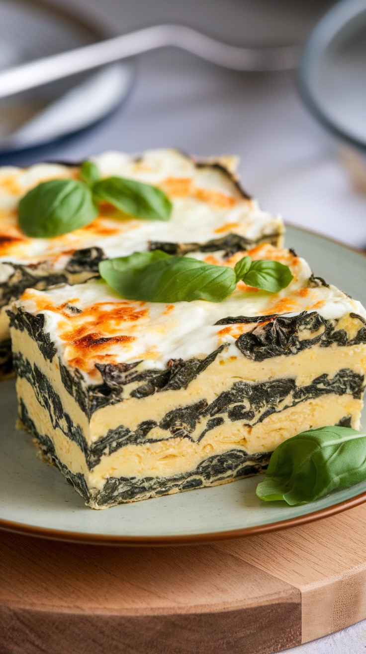 A close-up of a slice of spinach and feta egg bake, with layers visible, garnished with fresh basil.