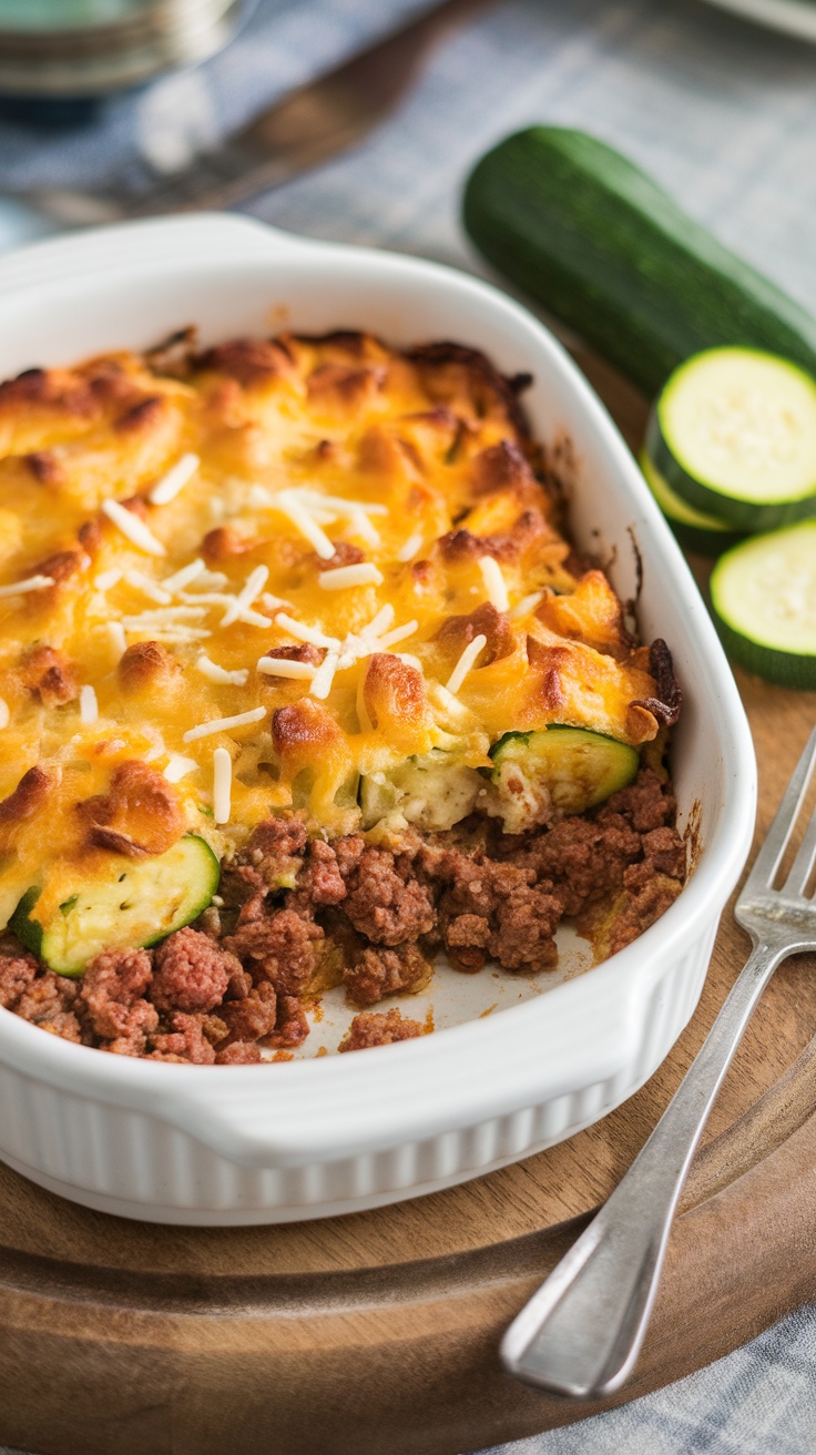 A delicious Zucchini and Ground Beef Casserole with melted cheese on top.