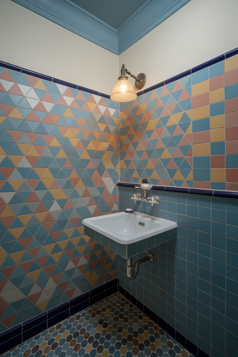 A bathroom with colorful, patterned tiles and a white sink.