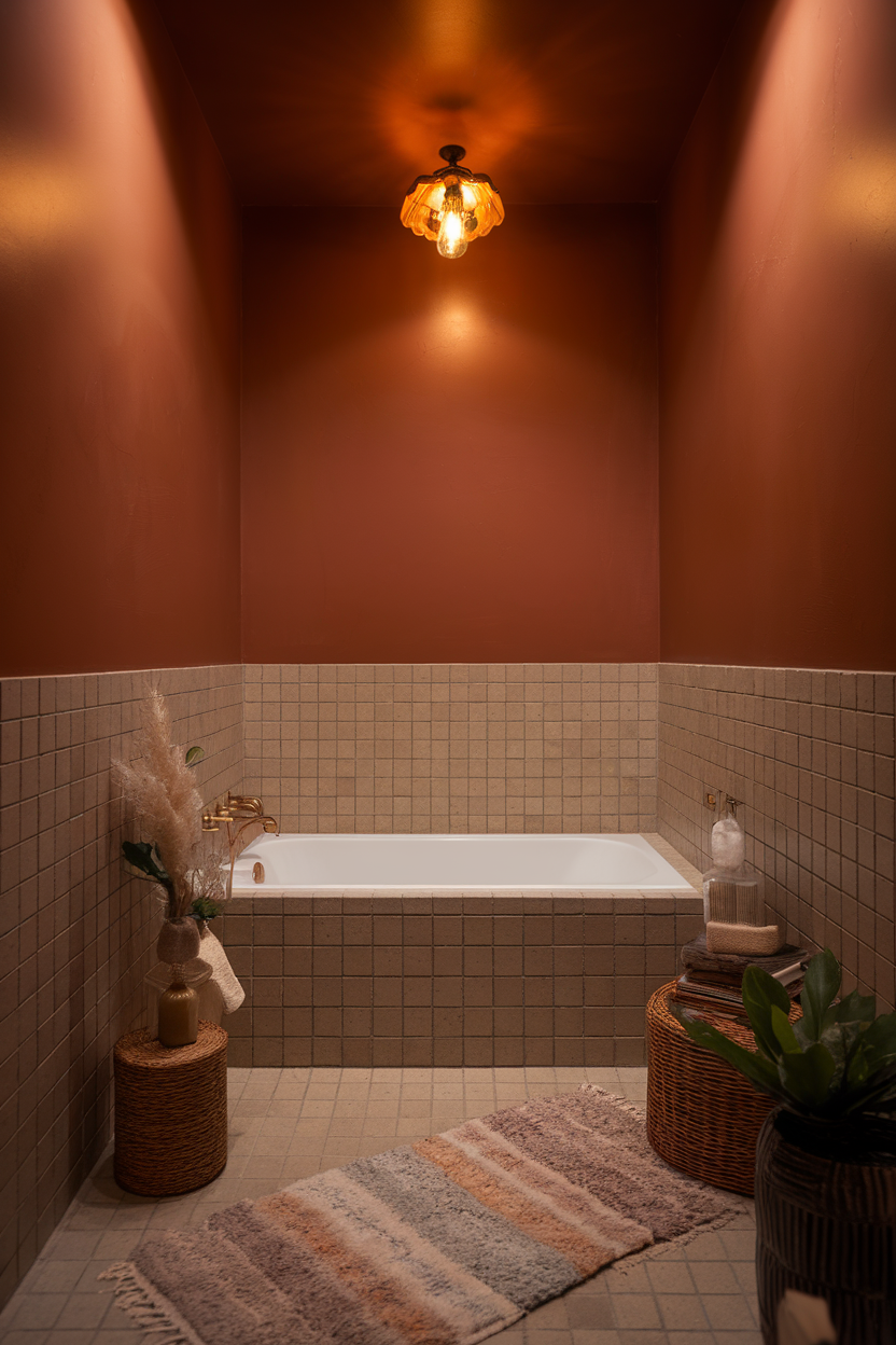 A serene bathroom with warm brown walls, a white bathtub, and candles for a cozy atmosphere.