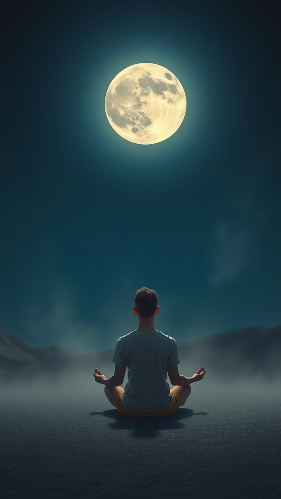 A person meditating under a bright full moon in a serene landscape.