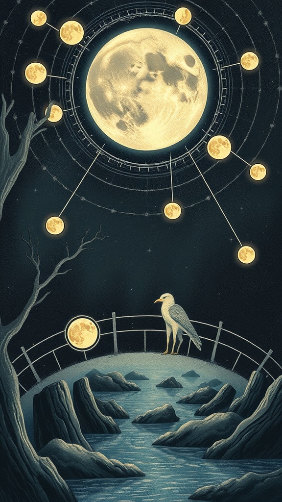 An artistic representation of the moon and its phases with a serene landscape featuring a river and rocks, symbolizing lunar wisdom.
