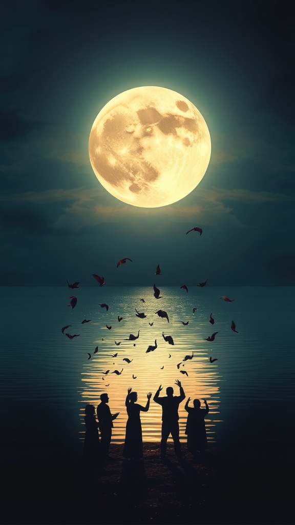 Silhouettes of people under a bright full moon, celebrating release and freedom as birds take flight over a calm sea.