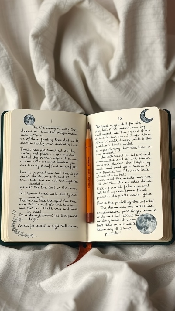 An open moon journal with handwritten notes and moon phase illustrations, placed on a soft fabric backdrop.