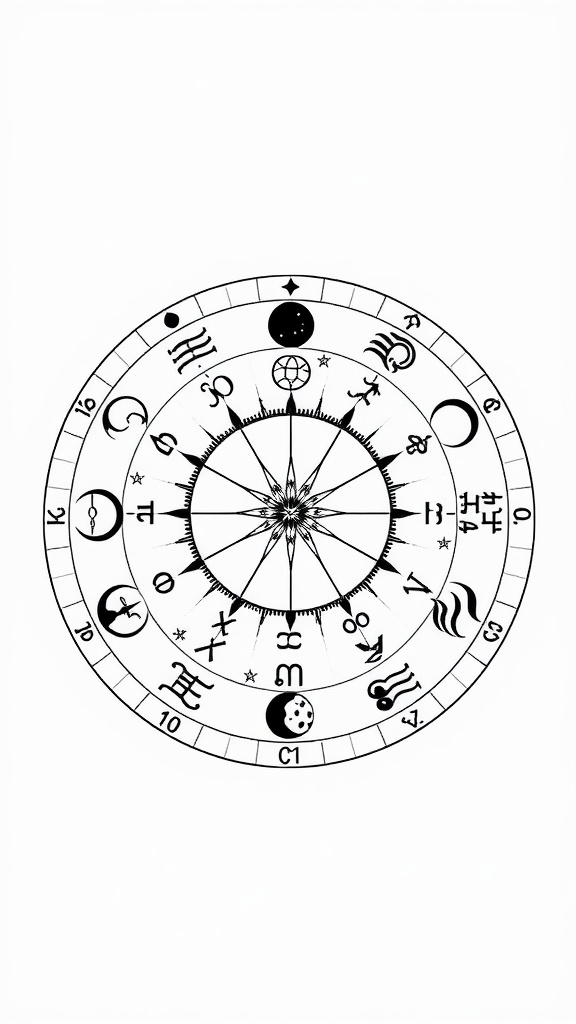 A black and white astrology chart with zodiac signs and symbols