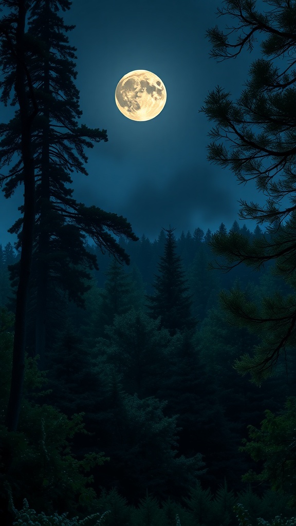 A full moon shining brightly over a dark forest, surrounded by tall trees.