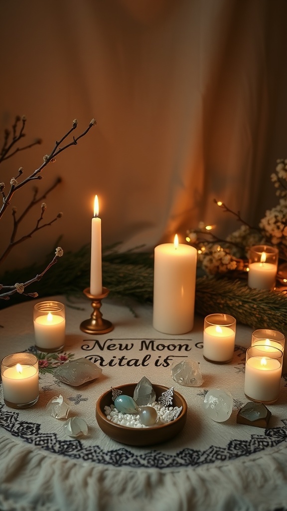 A tranquil new moon ritual setup with candles and crystals on a tablecloth.